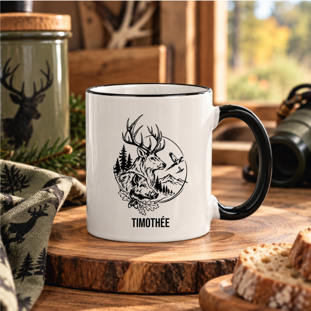Mug noir et blanc Chasseur Personnalisé - Passion Chasse
