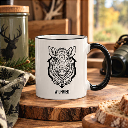 Mug noir et blanc Chasseur Personnalisé - Trophée Sanglier