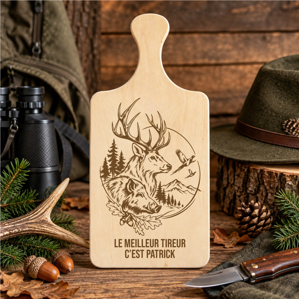 Planche à Découper Chasseur Personnalisée en Bois Gravé - Passion Chasse et Nature