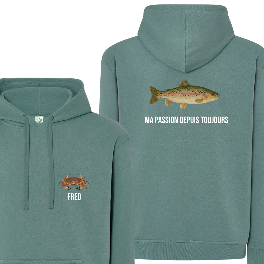 Sweat à Capuche bleu/vert Pêcheur Personnalisable