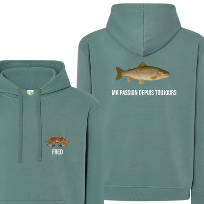 Sweat à Capuche bleu/vert Pêcheur Personnalisable
