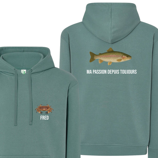 Sweat à Capuche bleu/vert Pêcheur Personnalisable