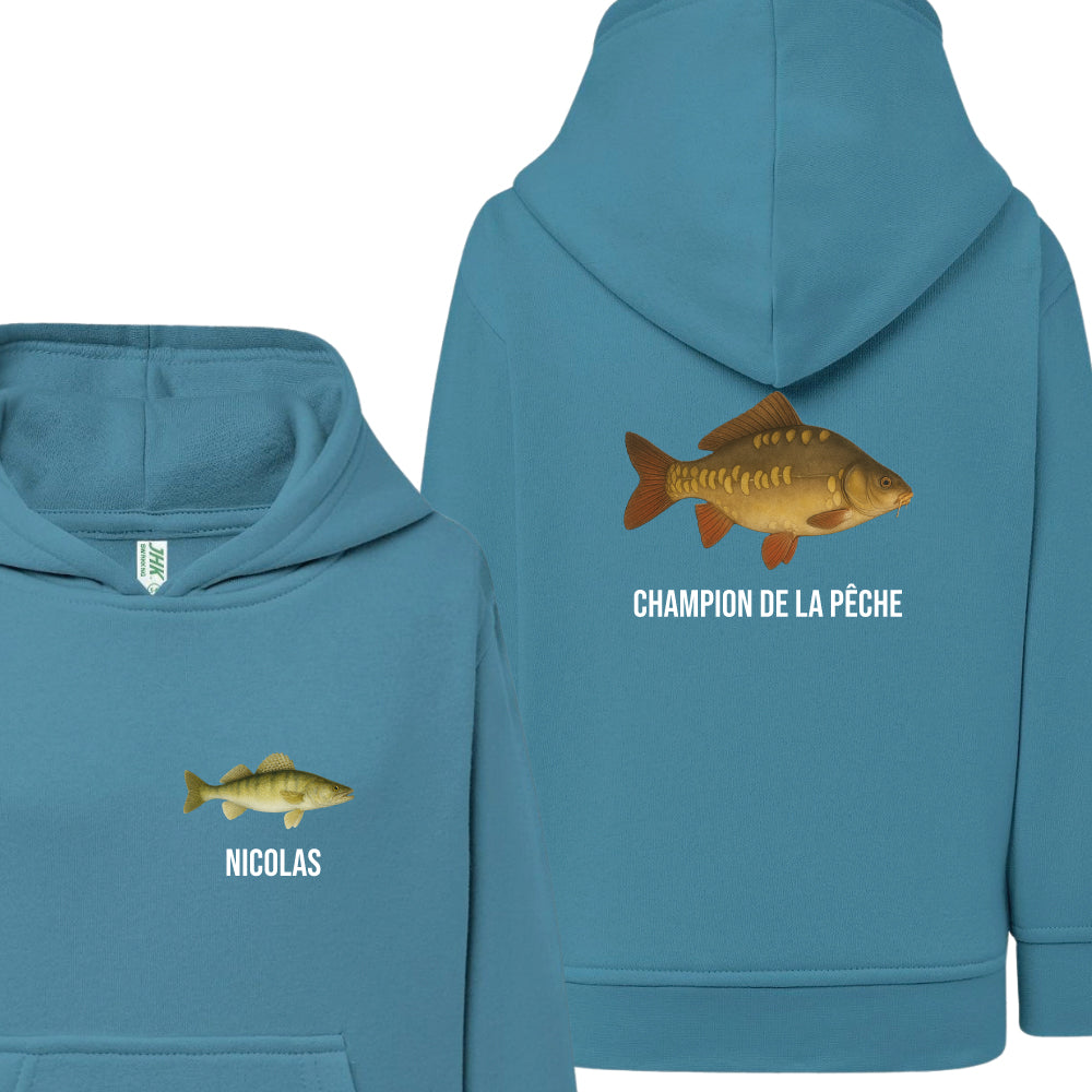 Sweat à Capuche bleu enfant pêche personnalisable